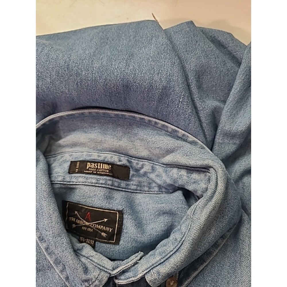Arrow Blue Jeans Co Men’s Chambray Button Down Shirt 15.5 100% Cotton Light Wash - Picture 8 of 10